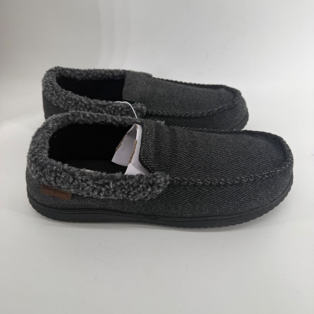 Dearfoams Mens Memory Foam Herringbone Moccasin Slippers Grey XL 13-14‎